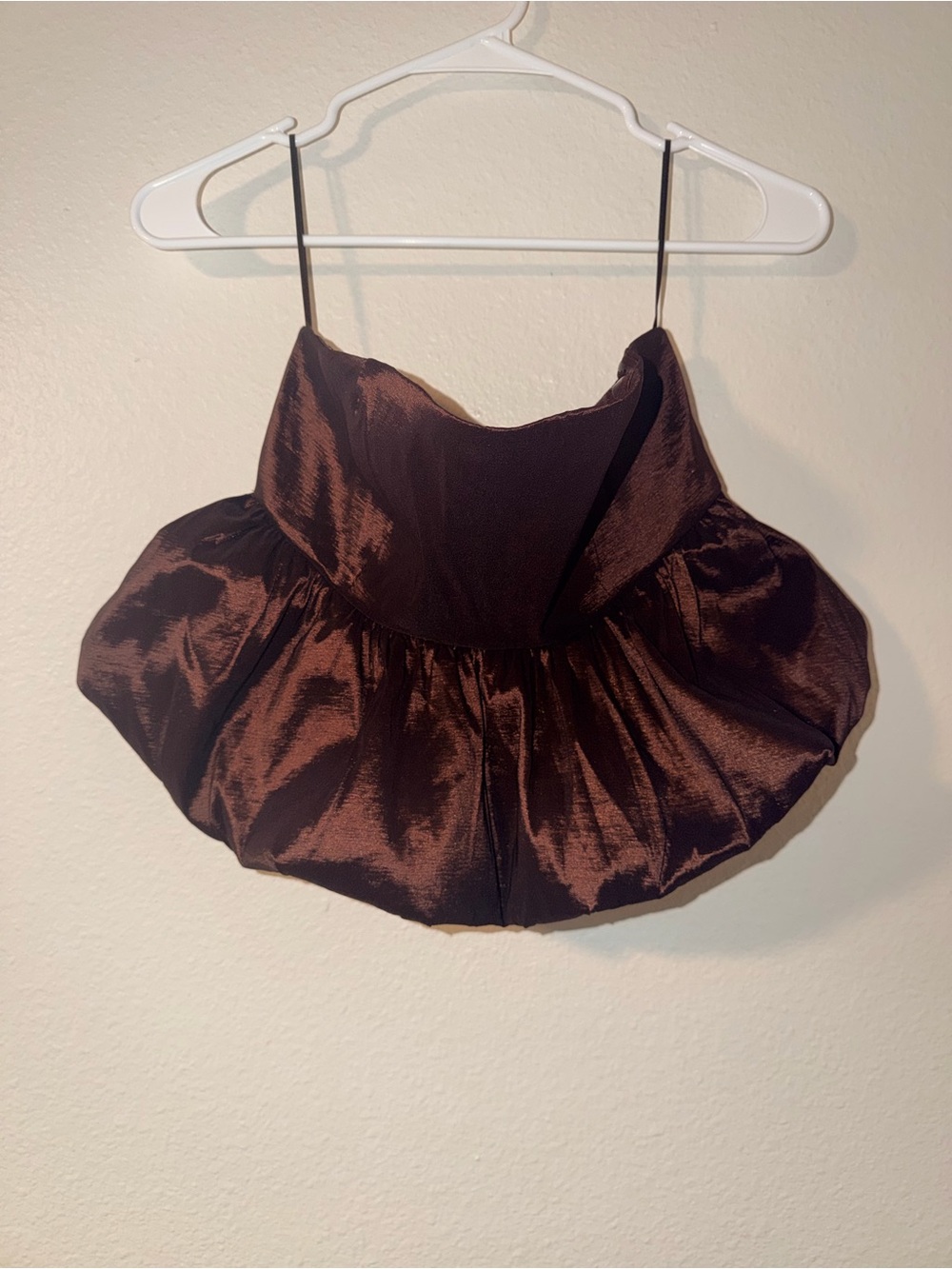 Francesca's Collections Strapless Satin Bubble Hem Top in Deep Brown - Picture 4 of 7